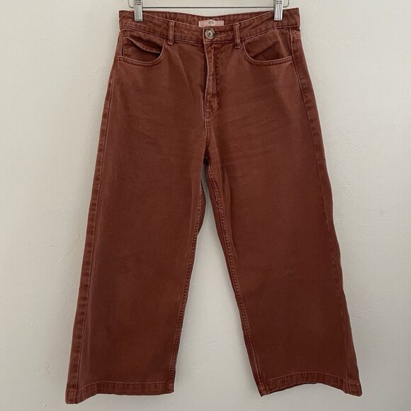 Stradivarius Super Wide-Leg High-Waisted Crop Denim Jeans Brown Size Teen 8 - Picture 1 of 10